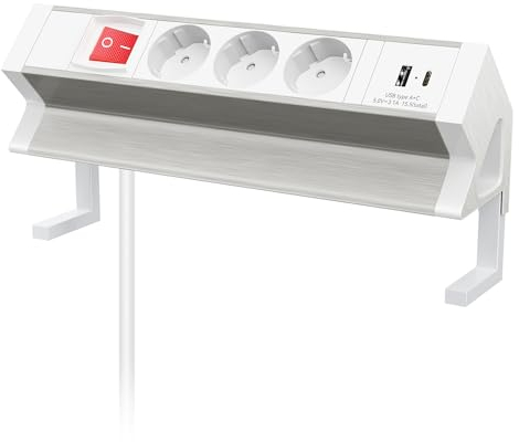 3 Fach Tischsteckdose mit 2 USB, Aluminium Tischsteckdose USB C mit Schalter, Ohuo Klemmbar Steckdosenleiste Schreibtisch 3-Fach, 2m Kabel