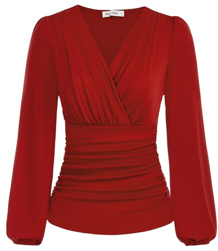 GRACE KARIN Blouse Unie à Manches Longues de Lanterne Col Croisé en V Femme Haut d'Été à Taille Froncée Top Femme Chic et Élégant