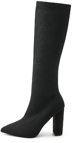 NEWBELLA Women's Winter Knee High Boots, Stretch Knit Material, Chunky Heel, Non-Slip Comfort Style (Black, Adult, Women, 7.5, Numeric, US Footwear Size System, Medium)