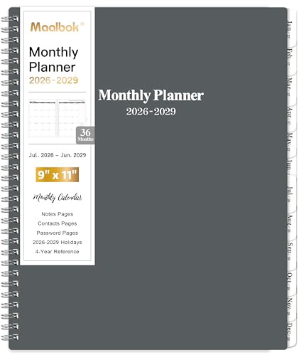 2026-2029 Monthly Planner/Calendar - July 2026 - June 2029, 3 Year Months Planner 2026-2029, 9'' x 11'', 36 Monthly Tabs, 2-Side Pocket, Gray