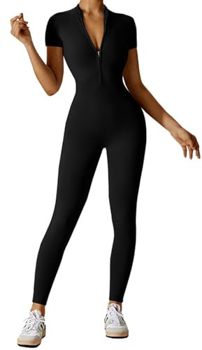 Litthing Women Yoga Jumpsuit Zip up Unitard Short Sleeve Bodysuit Sports Romper Stretchy Bodycon Playsuit Workout Outfit Slim Fit One Piece Smooth Touch Bodysuit Fitness Sportswear Daily Wear