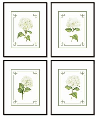 Belle Maison Art White Hydrangea Chinoiserie Set No. 1, Vintage Botanical Wall Art, Bedroom Kitchen Living Room Office, 8X10 SET OF 4, Smooth Matte Paper Prints, Unframed