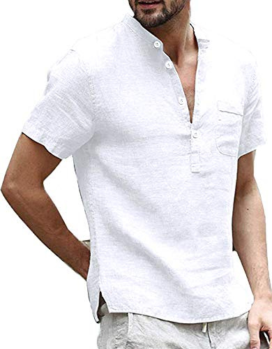 Runcati Henley - Camicia da uomo in lino, a maniche corte, per il tempo libero, estiva, da lavoro, Bianco, XXL