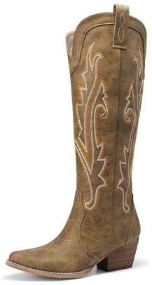 DREAM PARIRS Dam cowboy knähöga stövlar bekväma dra på sidan dragkedja tjock häl broderade western cowgirlstövlar retro hög stövel
