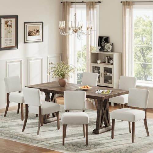 COLAMY Upholstered Dining Chairs Set of 6, Modern Kitchen Chairs with Back, Farmhouse Fabric Side Dining Room Chairs with Wood Legs for Dining Room Kitchen Restaurant, Beige