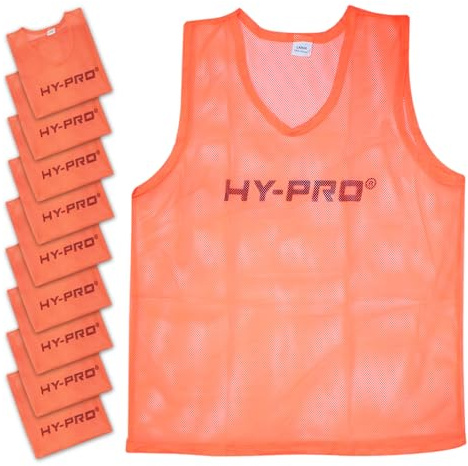 Hy-Pro Training Bibs, Pack of 10, Large Size, Orange Mesh, Sports Practice Vests, Lightweight, Breathable, Football Rugby Sports Bibs, Training Equipment