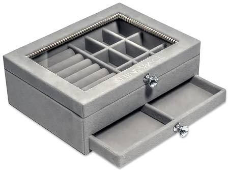 SHINE SPACE Schmuckkästchen mit Glasdeckel – Schmuckbox mit Schublade & Fächern – Schmuckaufbewahrung für Ringe, Ketten, Ohrringe, Armbänder – Schmuckkasten Samt Grau mit Griffen (Grau)
