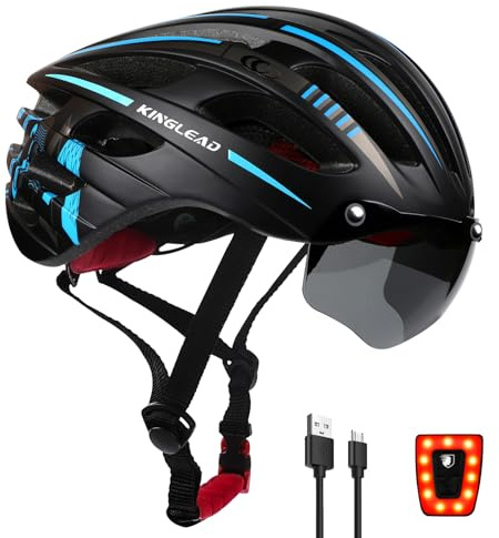 KINGLEAD Casco de bicicleta para hombre y mujer - Casco de bicicleta con lente magnética y carga USB, luz LED, casco de bicicleta ligero y ajustable para ciclismo y MTB, 54-58 cm