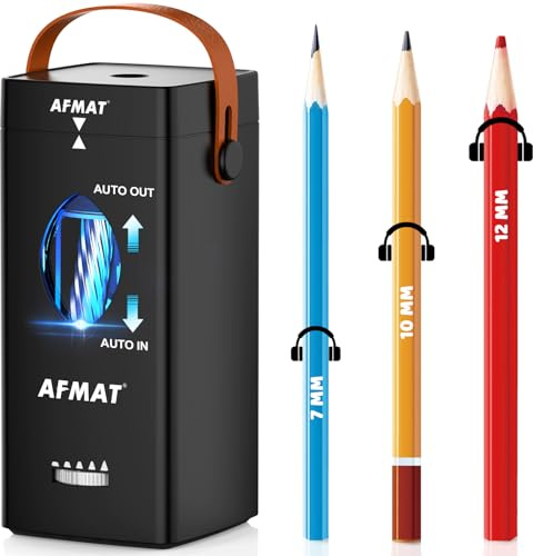 AFMAT Temperamatite Elettrico con Maniglia di Trasporto,Temperino Automatico per Matite Spesse 6,5-12 mm, Pulsante Regolabile,Batteria 2500 mAh, Temperino Portatile per Scuola,Lavoro,Ufficio,Nero PSC7