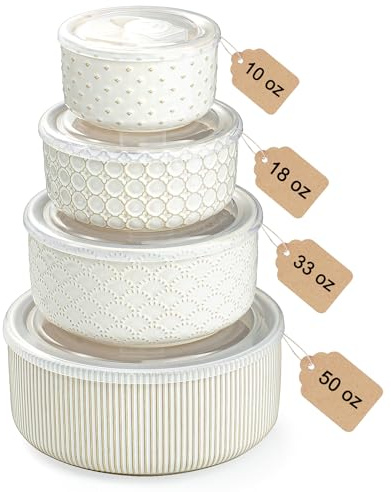 MIKIGEY Mixing Bowls with Lids Set of 4, Ceramic Nesting Bowls, Embossed Mixing Bowl Set for Food Storage, Prep Bowl, Gift, Microwave and Dishwasher Safe, 10/18/33/50 OZ, Off-White