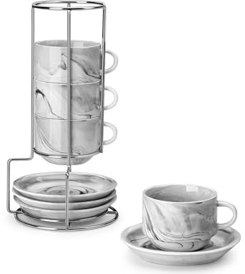 MALACASA Espressokoppar i set om 4, 75 ml, set med espressokoppar, tjockväggiga med fat och ställ, stapelbara italienska espressokoppar av grått porslin, diskmaskinssäkra – serie Regular