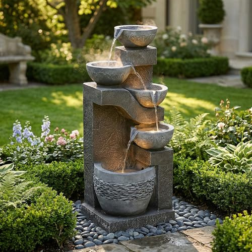 ECLIVON Fuente de Agua para Jardín y Exteriores, Fuente de Jardín con Iluminación LED, Cascada de 5 Niveles para Patio, Fuente Decorativa con Bombas, Decoración de Interior para Terraza, Gris