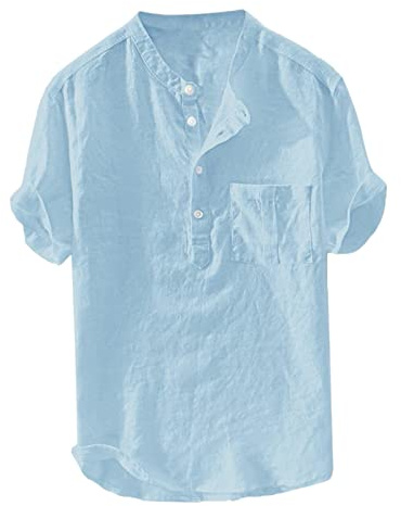 Generisch Camisa de lino para hombre, cuello en V, algodón, camisa de verano, playa, ocio, informal, ligera, transpirable, A39