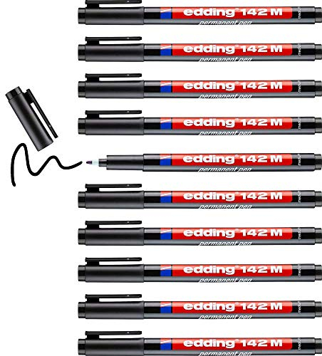 edding 142 M Permanenter Folienschreiber - schwarz - 10 Stifte - Rundspitze 1 mm - Stift zum Schreiben auf Glas, Kunststoff, Folien und glatten Oberflächen - schnelltrocknend, wisch- und wasserfest