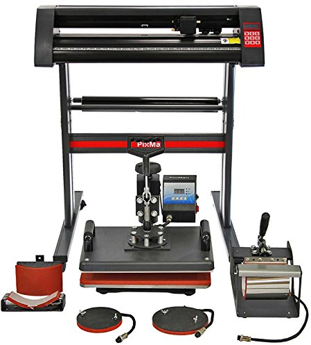 PixMax Kombi 5-in-1 Schwingpresse Transferpresse Tassenpresse Mützenpresse Tellerpresse T-Shirtpresse Hitzepresse mit Plotter Schneideplotter Folienplotter und Zubehör