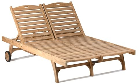 Ash & Ember Hawthorne Grade A Teak Double-Wide Reclining Lounge Chair, Four Adjustable Backrest Positions, Pull-Out Tray, Outdoor Weather-Resistant Sun Chaise Lounger with Wheels