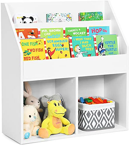 COSTWAY Kids Bookcase, Wooden Display Rack Organizer with 3 Shelves, 2/3 Compartments, Free Standing Book Shelf Toy Storage Units for Study, Living Room, Bedroom (White, 2 Compartments)