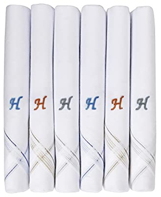 Men's Initial Monogram H 100% Pure Cotton Handkerchief, Gents Hanky 6 Pack