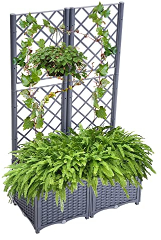 Mingone Hochbeet mit Rankgitter & Selbstbewässerung, 80×40×136 cm – Pflanzkasten für 2 große Töpfe, wetterfest & UV-beständig, ideal für Garten/Balkon (Graublau)