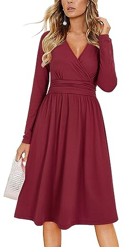 OUGES Women's Fall Long Sleeve V Neck Wine Wedding Guest Dress with Pockets Ladies Midi Dress for Winter(Wine,L)
