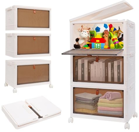 Ark miido Aufbewahrungsbox mit Deckel 3 Plastikbox mit Rollen, Faltbare Stapelbare Aufbewahrungsboxen, Stapelboxen mit Deckel und Türen für Haus und Büro