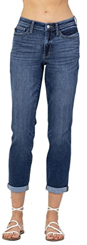 Judy Blue Women's Mid-Rise Rolled Cuffed Boyfriend Jeans (Dark Blue, 15)