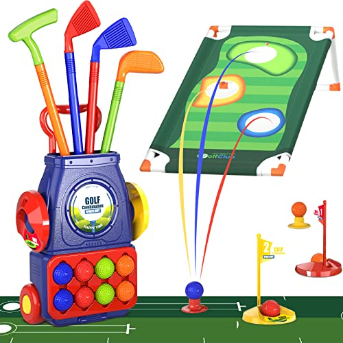 QDRAGON Kinder-Golfschläger, 2-in-1-Kleinkind-Golf-Set mit 8 Bällen/Cornhole Board & Putting Matte/Golfwagen mit Rädern, Indoor-Outdoor-Sportspielzeug, Geschenke für Jungen und Mädchen im Alter von 3