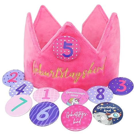 Sugeru Geburtstagskrone Samt mit 11 Buttons Zahlen von 1-8 für kinder mädchen junge | krone geburtstag | kindergeburtstag deko | partyhüte | Rekordwachstum der Kinder | Wiederverwendbare (Magenta)
