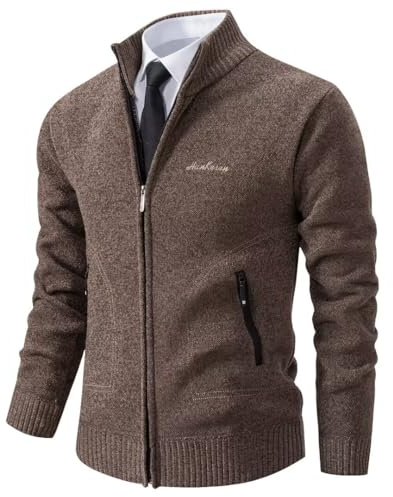 Shuanghao Men's Cardigan Sweater Knitwear Jacket Coat Classic Casual Thick Velvet Wool Fleece Warm Long Sleeve Relaxed Fit Zipper Knitwear Sweatshirt Active Sweater for Men UK Coffee S (Stand Collar)
