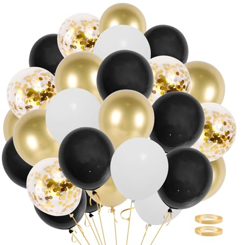 Luftballons Gold Schwarz,62 Stück Matellic Schwarze Goldene Weiße Konfetti Helium Luftballons Geburtstag Hochzeit, Schwarze Ballons Geburtstag, Hochzeit, Baby Party Deko, Geburtstagsdeko Schwarz Gold