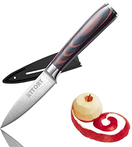 Kitory Gemüsemesser 9 cm Klingenlänge, Scharf Schälmesser Obstmesser, Deutschem Kohlenstoffstahl, Ergonomischem Pakkawood Griff mit Schutzhülle und Geschenkbox