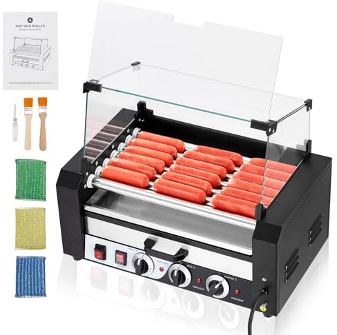 Litake Hot Dog Roller, 7 Rollers 18 Hot Dogs Capacity 1350W Stainless Sausage Grill Cooker Machine with Removable Oil Drip Tray Dual Temp Control and Glass Hood Cover, Perfect for Commercial and Party
