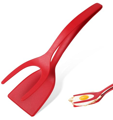 Spatola per Uova 2 in 1, Antiaderente Nylon Spatola per Uova Fritte, Spatola e Pinza 2 in 1 per Cucinare, Pinze Spatola Pinza per Griglia Pala da Cucina 2 in 1 per Toast Torta (Rosso)