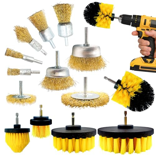 Wire & Plastic Drill Brushes for Cleaning - 9 Piece Wire Brush for Drill for Cleaning Rust, Paint, Wood, Metal - 5 Plastic Drill Brush Attachment for Carpet, Tub, Sink, Tiles, Baseboards - Pack of 14