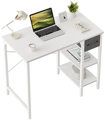 CubiCubi Schreibtisch mit Schubladen und 2 Regale, 90×48×75cm Kleiner Computertisch, Bürotisch, für Arbeitszimmer, Schlafzimmer, Metallgestell, Weiß