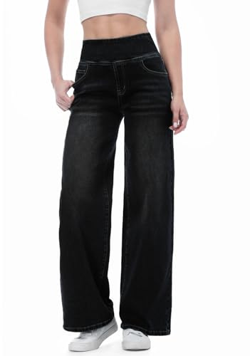 Chasehot Jean Femme, Taille Haute, Coupe Droite, Straight Jeans, Mode Baggy, Jambes Large, Pantalon Femme, Taille Elastique, 4 Poches, Noir, XL