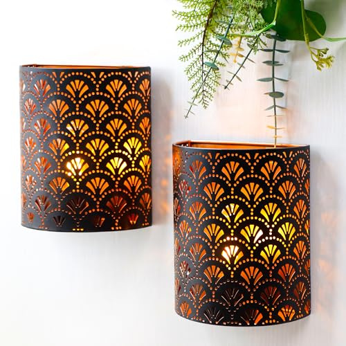 JHY DESIGN Set med 2 batteridrivna lampor 20,3 cm H vintage väggmonterad metall vägglampettbelysning med LED Edison-stil glödlampa och 6-timmars timer Väggdekoration för sovrum, vardagsrum, korridor