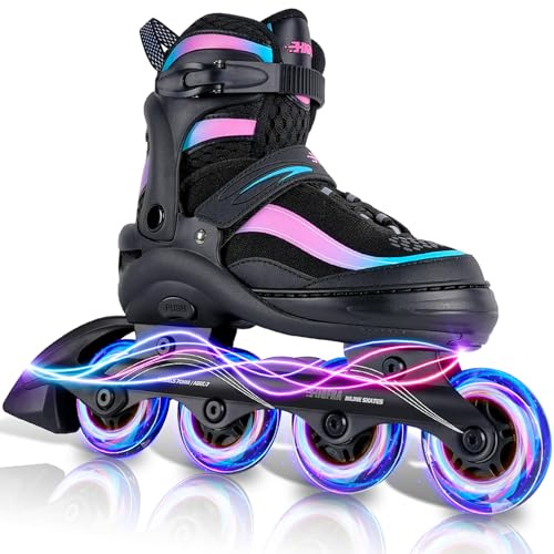 Adjustable Inline Skates for Kids and Adults – Color Gradient Roller Skates with Full Light-Up Wheels Girls, Boys (Ages 5-8, 8-12), Youth, Men, and Women – Indoor & Outdoor Use
