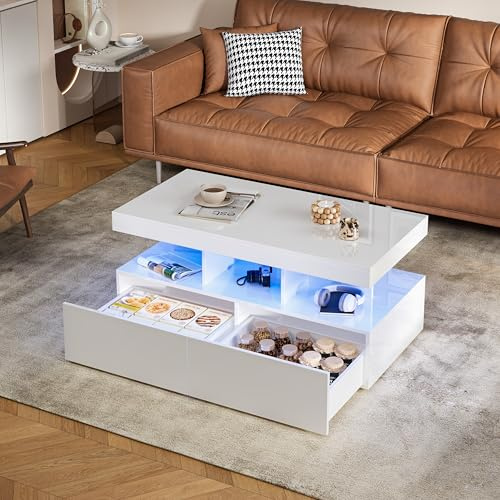 DAHUEN Hochglanz Couchtisch mit LED Beleuchtung, Wohnzimmertisch mit Offenem Ausstellungsregal und 2 Schublade (Weiß)