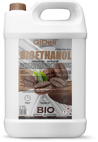 GiDeli Bioetanol - Fragancia de café (5 L, 96,6% etanol, para chimeneas interiores y exteriores, sin humo ni hollín, de maíz y remolacha azucarera)