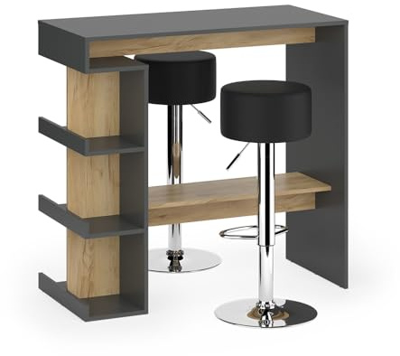 Vicco Bartisch-Set Dana, Anthrazit/Goldkraft Eiche, 108 x 50 cm mit 2 Barhockern, mit offenen Ablagen zur Nutzung als Stehtisch
