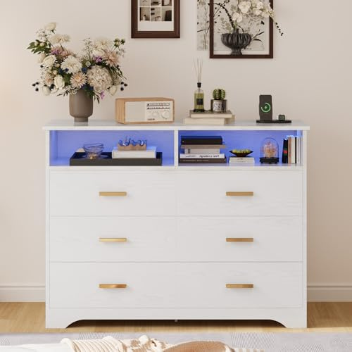 IRONCK White Chest of Drawers Bedroom, Bedroom Chest of Drawers with LED Light & 1 USB + 1 Type-C & 2 AC Outlets & Power Cord, Dresser Wooden with 6 Drawers 2 Open Cubicle, 120x40x94.7cm