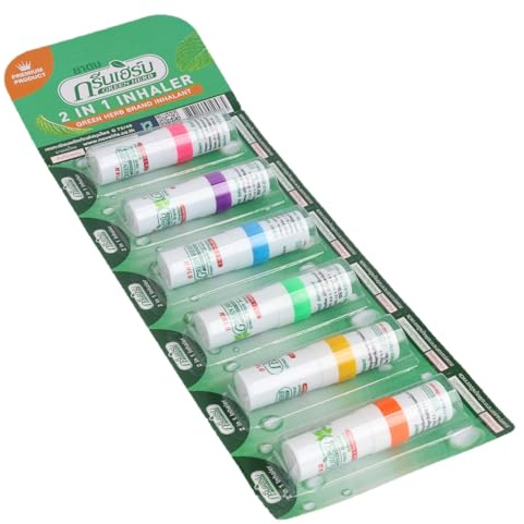 Lot de 6 inhalateurs d'aromathérapie 2 en 1 (inhalateur + huile aromatique) avec parfum herbes et menthol