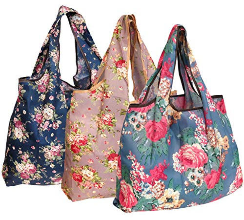 allydrew Large Foldable Tote Nylon Reusable Grocery Bag, 3 Pack, Classic Floral