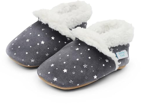 Dotty Fish Pantofole a Piedi Nudi in Pelle Scamosciata per Neonati e Bambini – Foderate in Pile, Antiscivolo, Leggere e Flessibili - Consigliate dai Podologi - Stelle d'argento 12-18 mesi