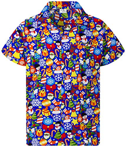 King Kameha Funky-Camisa-Hawaiana, Navidad, Manga-Corta, Christmas-Allover, Azul-Índigo, M