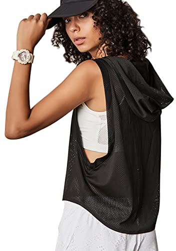 Women's Fitness Sleeveless Mesh Hoodie Sports Running T-Shirts Workout Tops Black L