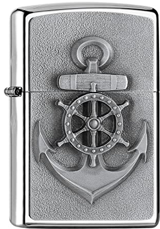 Zippo-stormtändare – Anchor Design – High Polish Chrome-finish, Emblem – Påfyllbar – Återanvändbar – Vindsäker design – Presentask – Tillverkad i USA