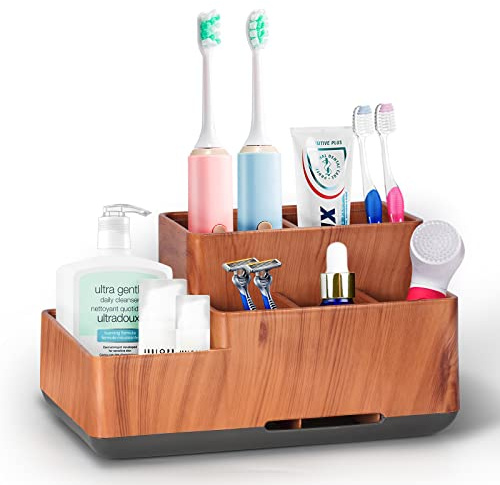 Soporte Cepillo de Dientes, Limpieza Extraíble Porta Cepillo de Dientes,Almacenamiento Multifuncional para Pasta de Dientes, Afeitadora, Productos para el Cuidado de la Piel，Grano de Madera