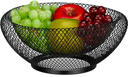 Relaxdays Corbeille à Fruits et légumes, en métal (Fer), Panier Rond, Double paroi, H x D : 10 x 25 cm, Noire